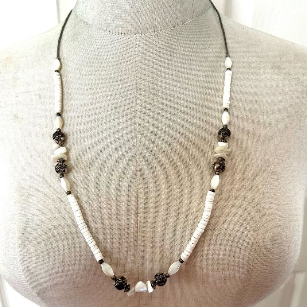 Silver tone mother of pearl shell beaded necklace